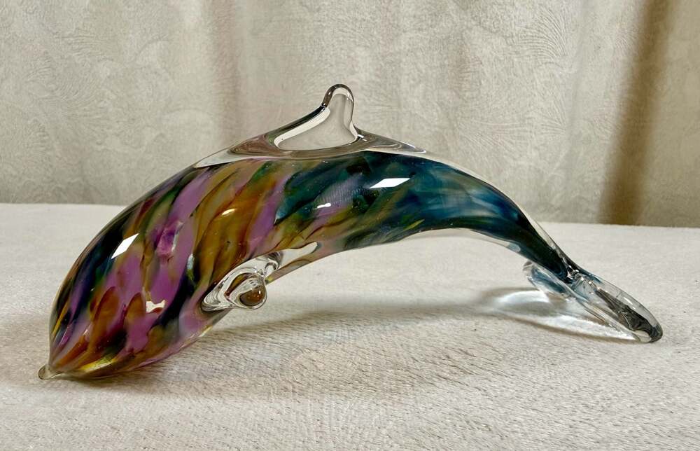 Hinkle's Living Art Glassworks Multicolored Swirl Dolphin Figurine